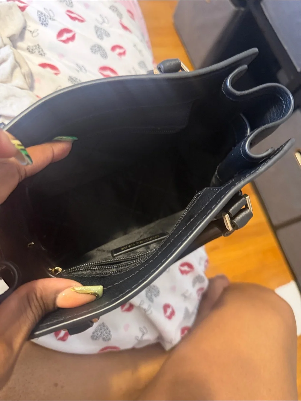 Michael Kors Black Leather Satchel with Gold Charm